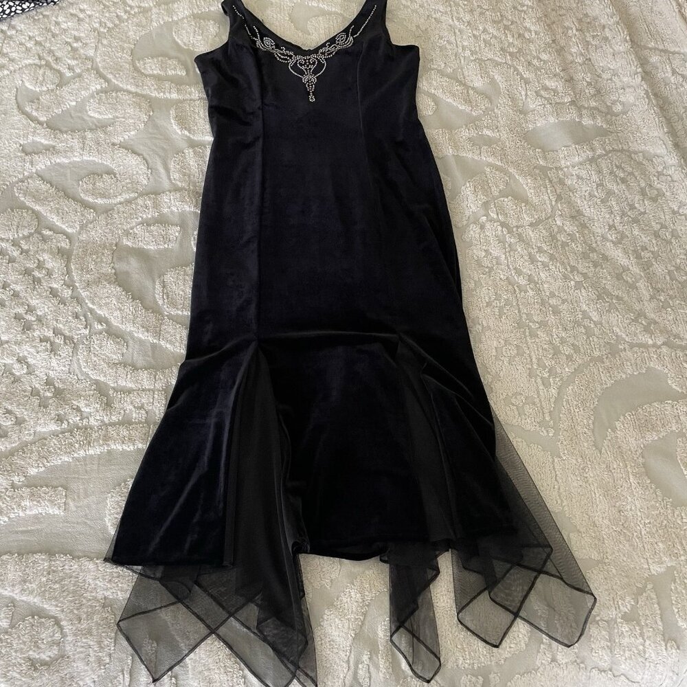 VTG Dressbarn Black Velvet Maxi Dress Scarf Hem Whimsigoth Fairy Grunge Sz 12 - Picture 7 of 16